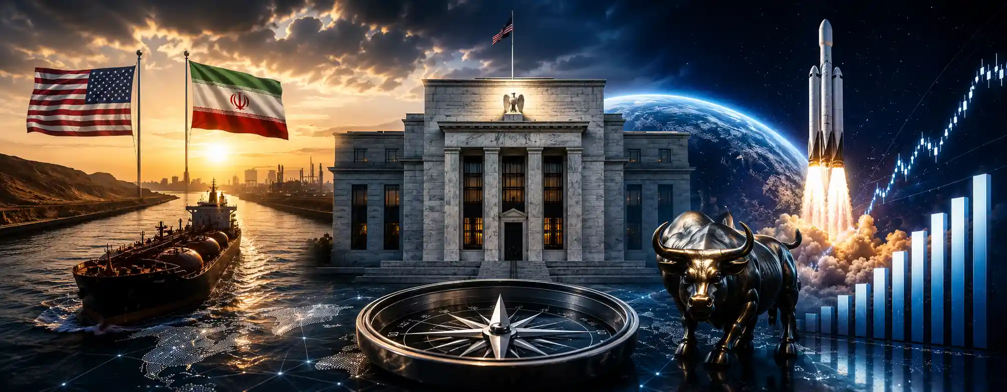 Symbolbild zu den Finanzmärkten: US- und Iran-Flaggen über einer Wasserstraße mit Öltanker, die US-Notenbank im Zentrum sowie Raketenstart, Bullenstatue und steigender Börsenchart als Zeichen für geopolitische und wirtschaftliche Entwicklungen.